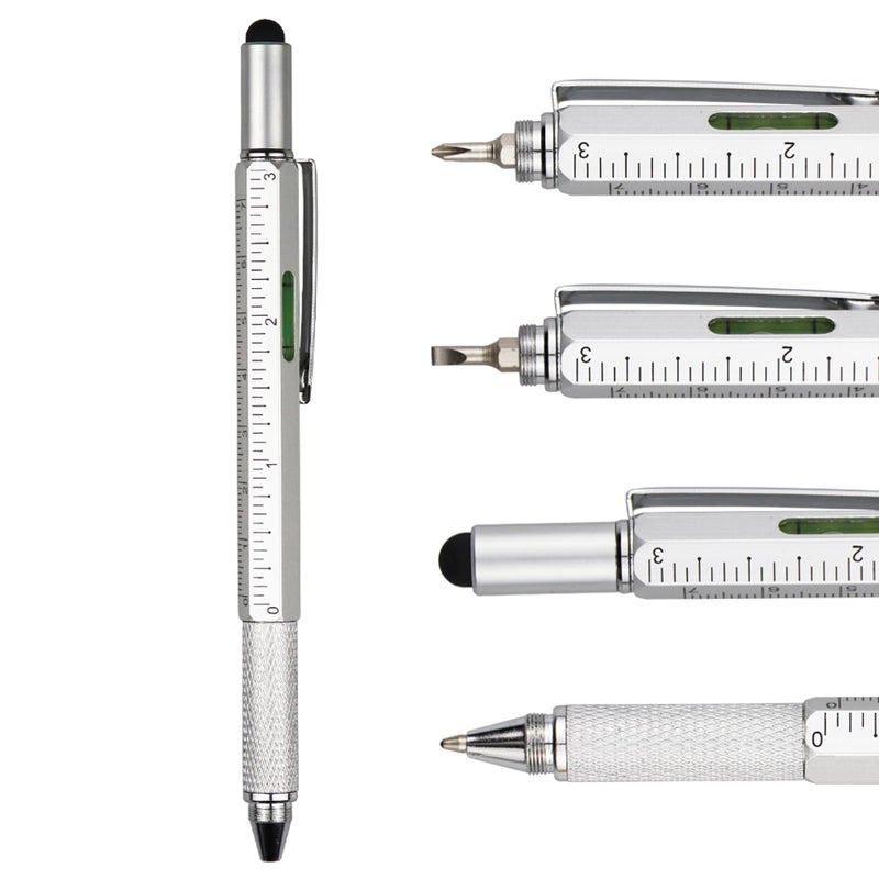 DUNBONG Metal Multi tool Pen 6-in-1 Stylus Pen - With Screwdriver, Ballpoint Pen Black ink, Stylus pen, Level and Ruler, 1-Count (Silver) - Image 1